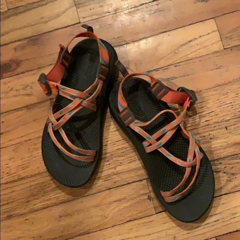 Teal, orange, yellow chacos